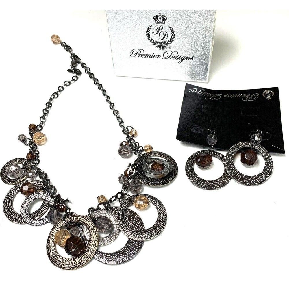 Premier Designs Necklace Earrings Bottega 30702/20217 Antiqued Silver Gold Tone